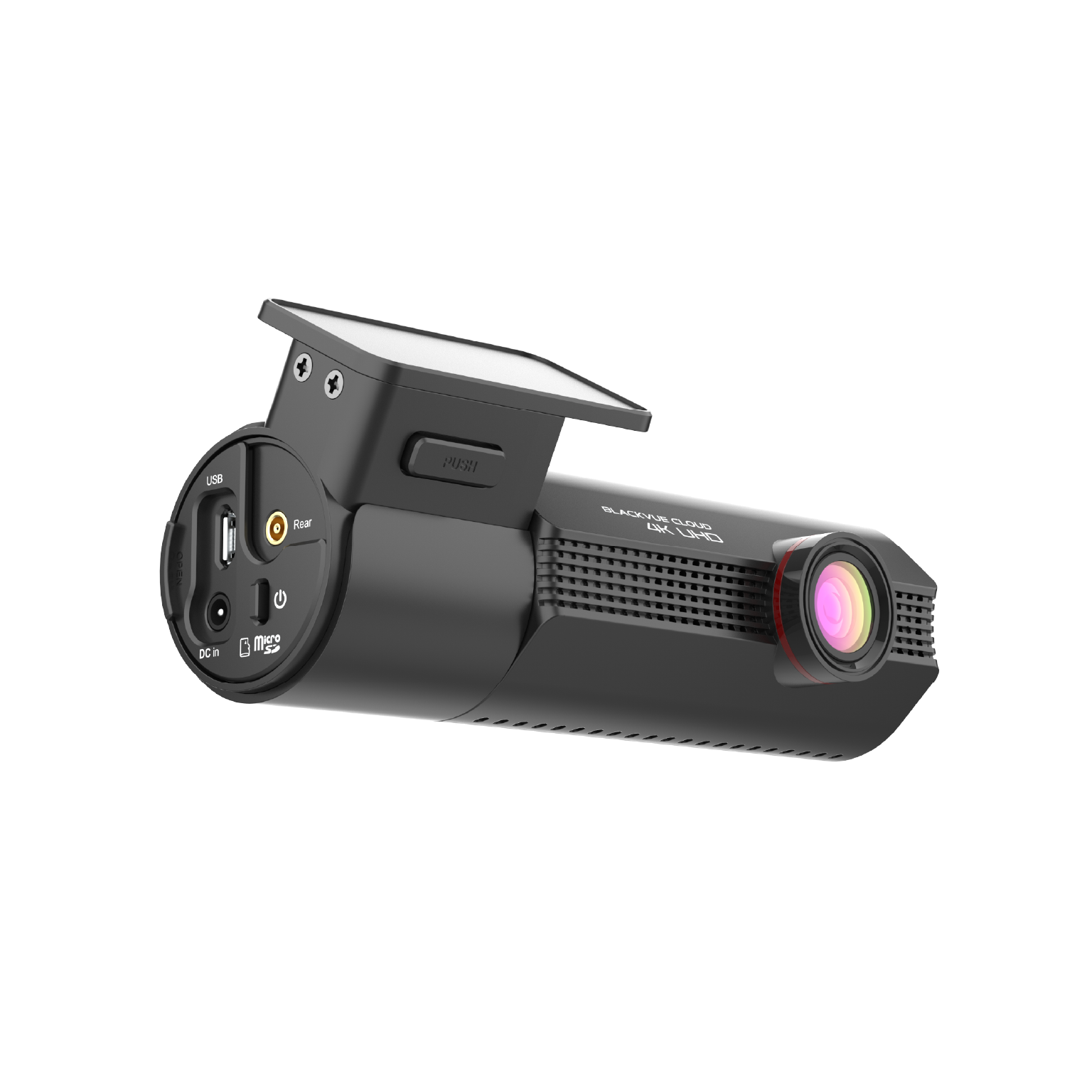 Zwarte dashcam met lens, USB, DC in en Micro SD poorten. Tekst: 'BLACKVUE CLOUD 4K UHD'.