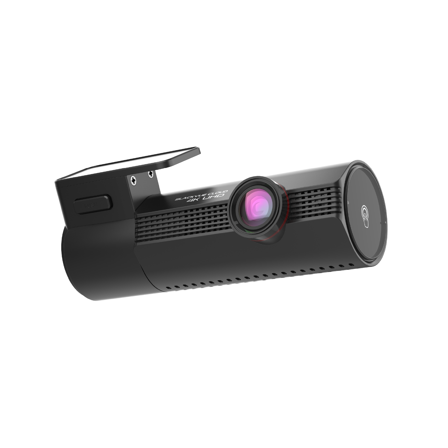 Zwarte dashcam met lens en klein scherm bovenop. Witte achtergrond.