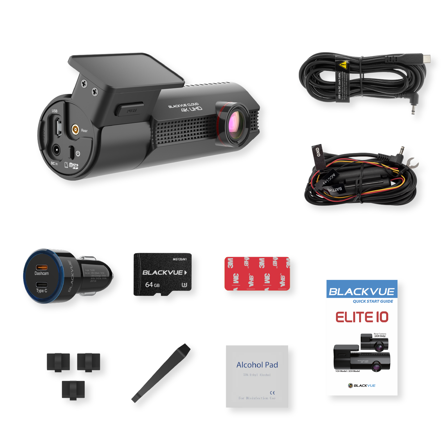 Dashcam set met accessoires: dashcam, kabels, SD-kaart, houders, handleiding.