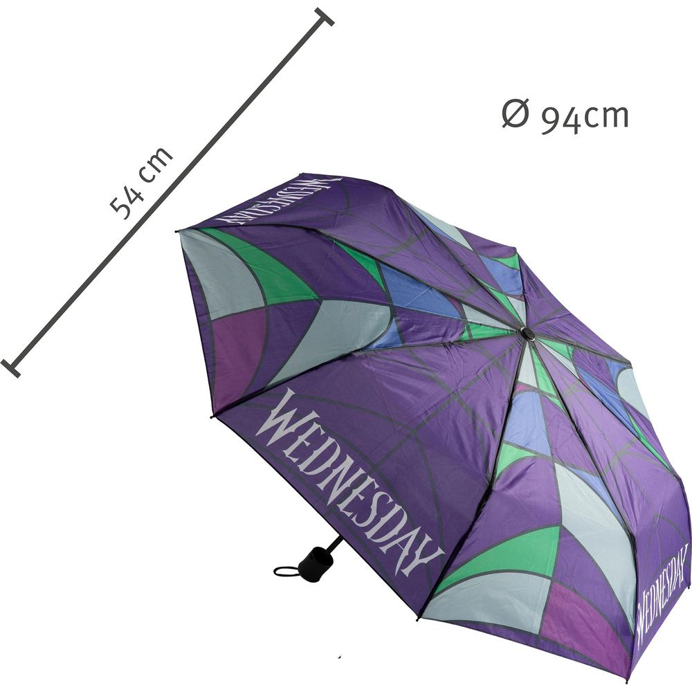Lila Regenschirm mit geometrischem Muster und dem Wort WEDNESDAY. 54 cm und 94 cm Maße.