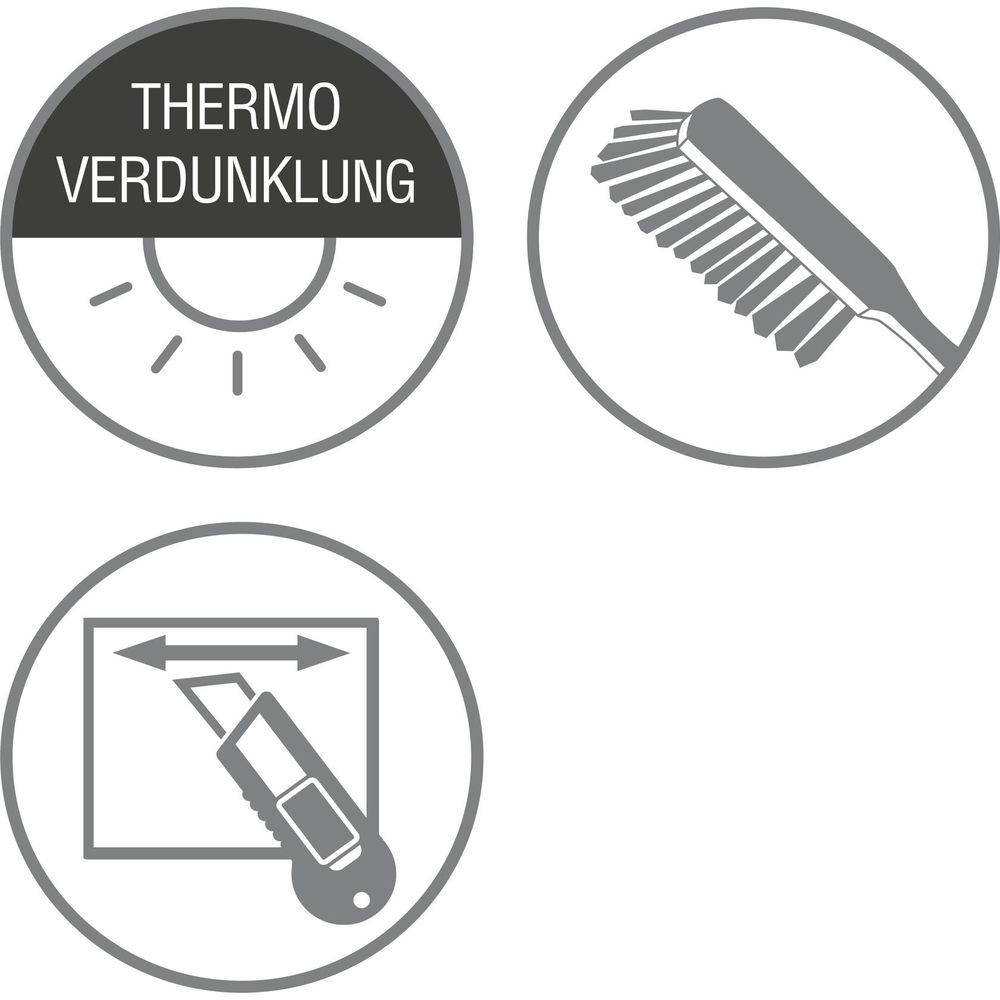 Symbole: Thermoverdunkelung, Bürste, Cutter schneidet Folie.