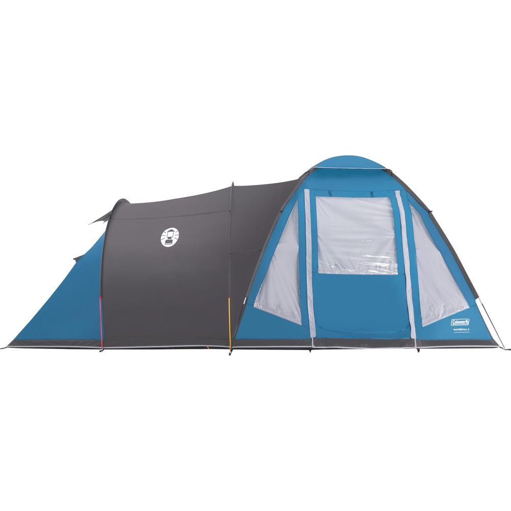 Una tenda blu e grigia con finestre e logo Coleman.