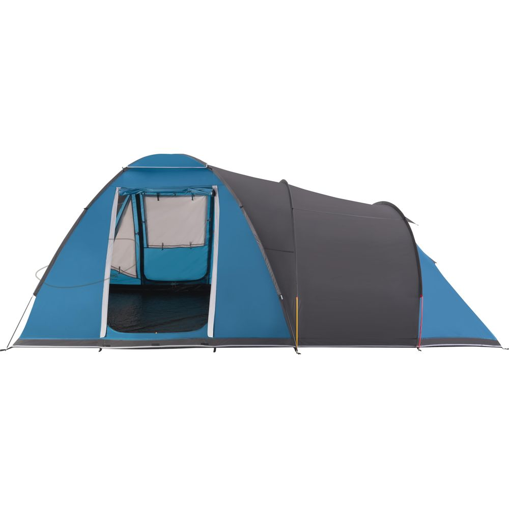 Una tenda blu e grigia con ingresso aperto, su sfondo bianco.