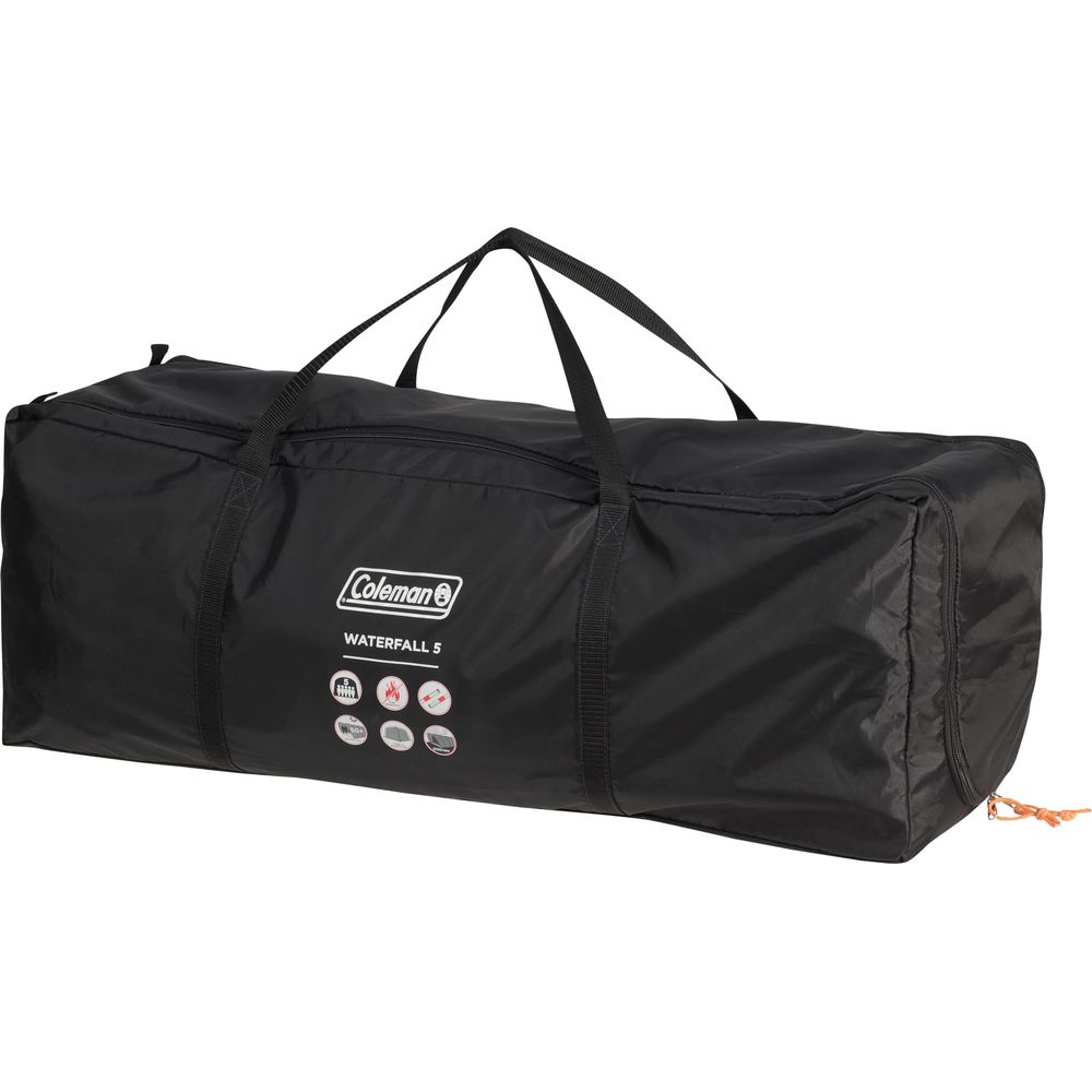Borsa nera Coleman con manici e cerniera. Testo Waterfall 5 e icone.