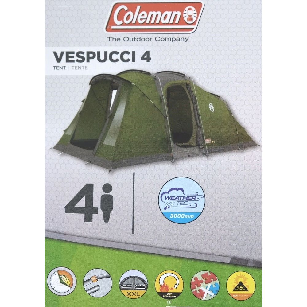 Tenda verde Coleman Vespuzzi 4 con due ingressi e tre finestre.