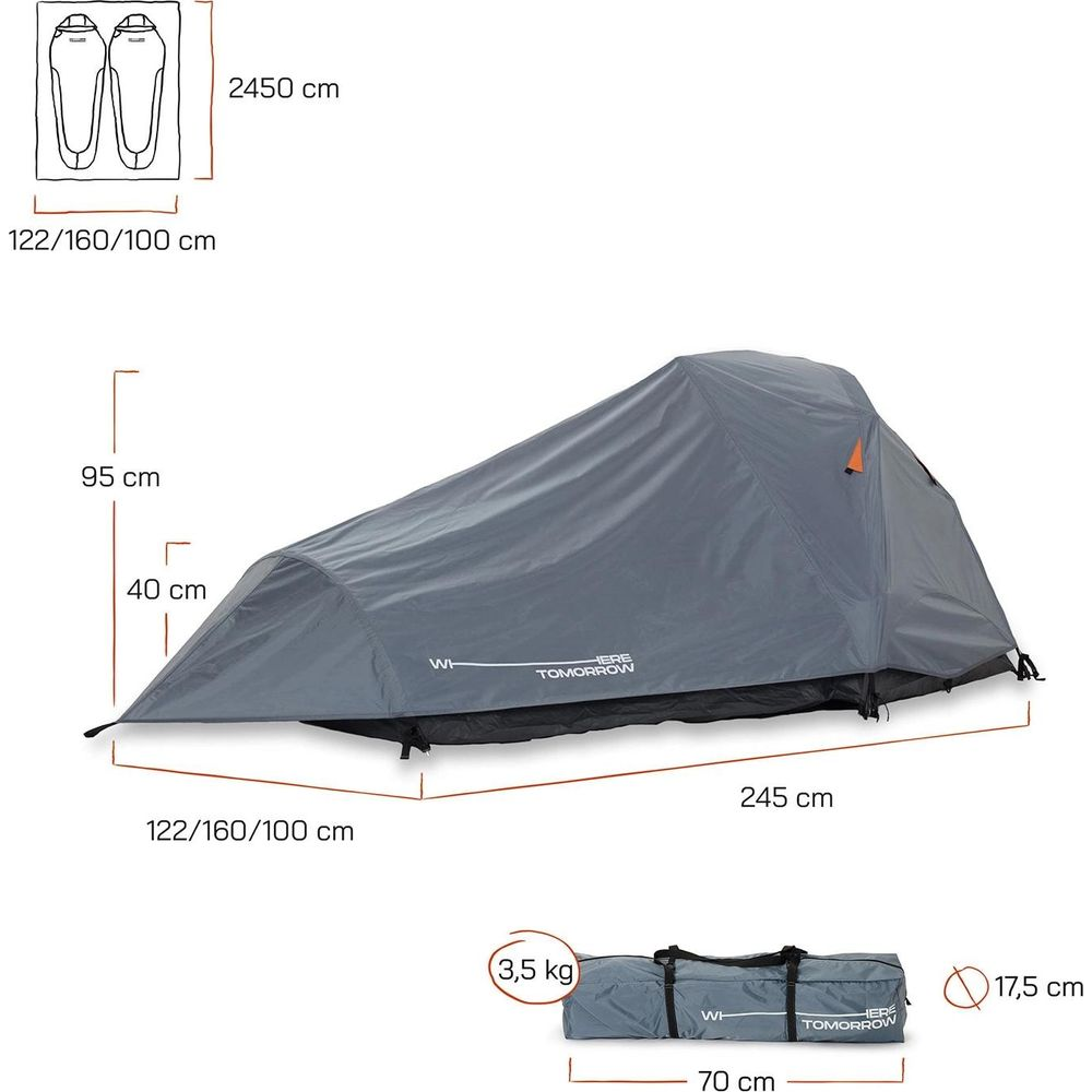 Tenda grigia con dimensioni e dettagli sul peso. Confezionata compatta.
