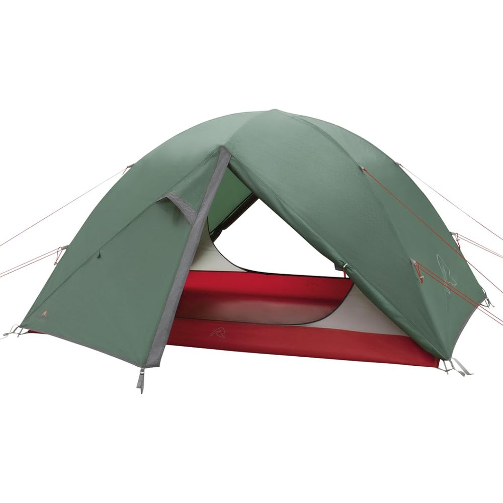 Una tenda verde con base rossa, su sfondo bianco.