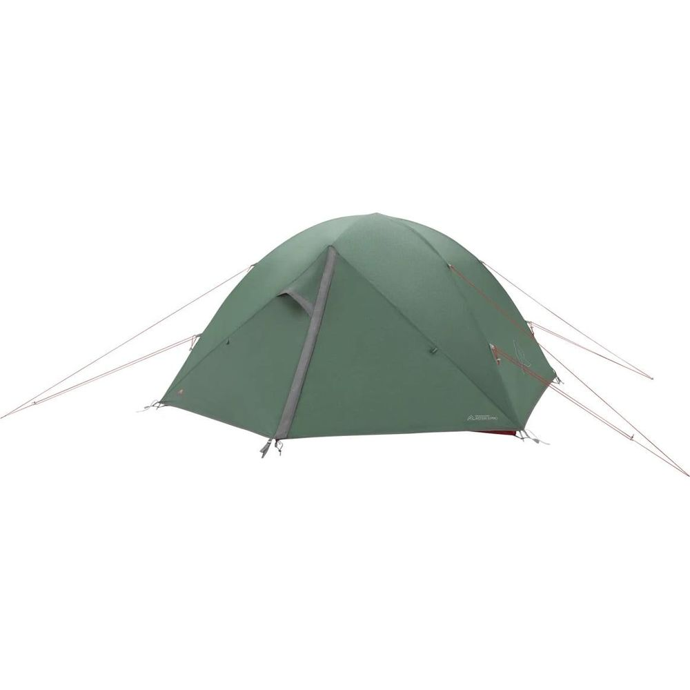 Una tenda verde con accenti grigi e tiranti su sfondo bianco.