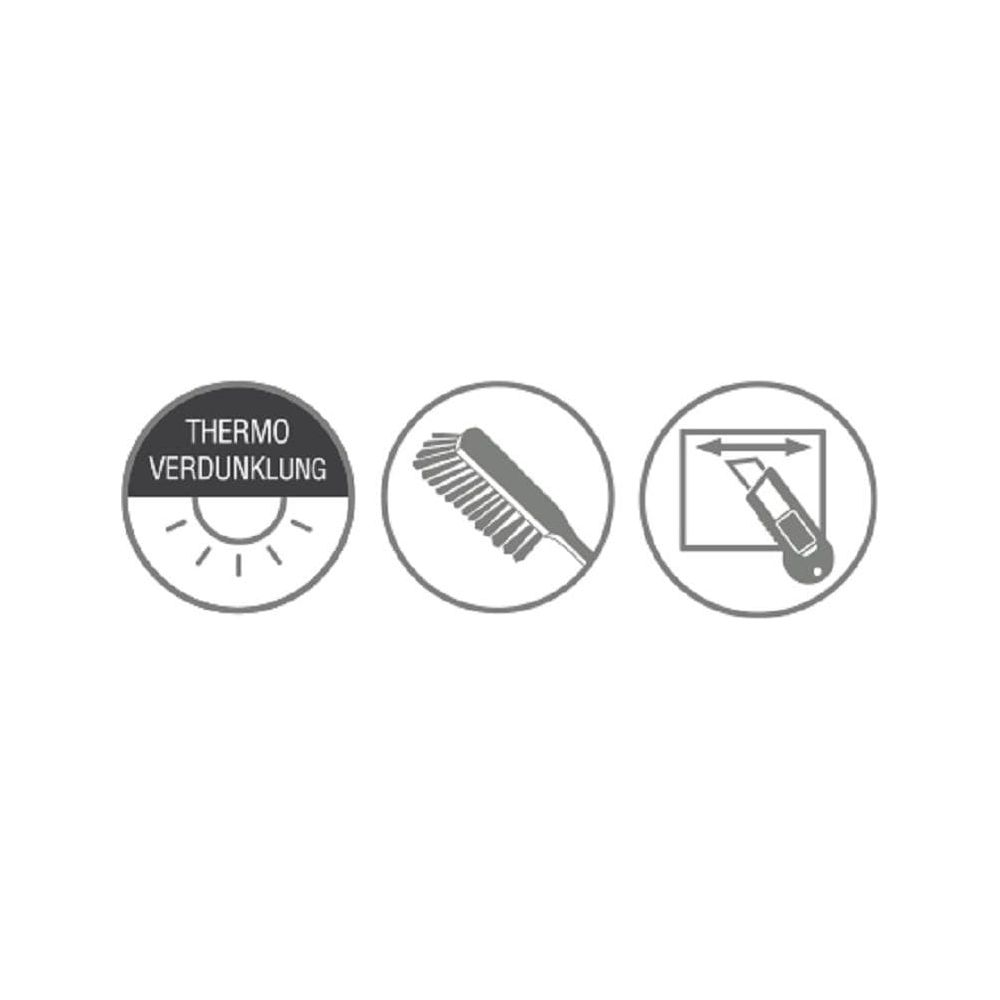 Drei Icons: Thermo-Verdunkelung, Bürste und scharfer Cutter.