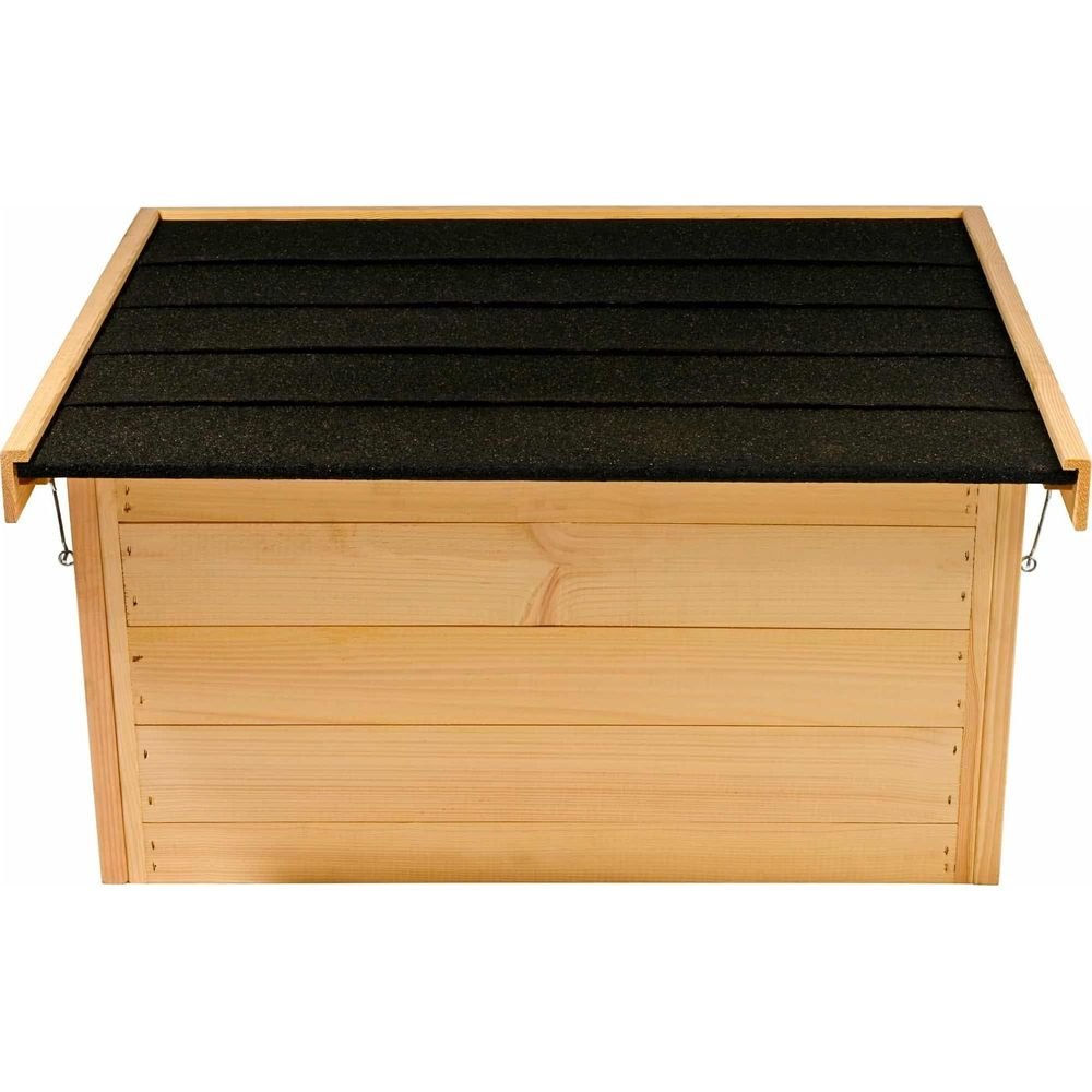 Hölzerne Hundehütte mit dunklem Schindeldach und heller Holzverkleidung.