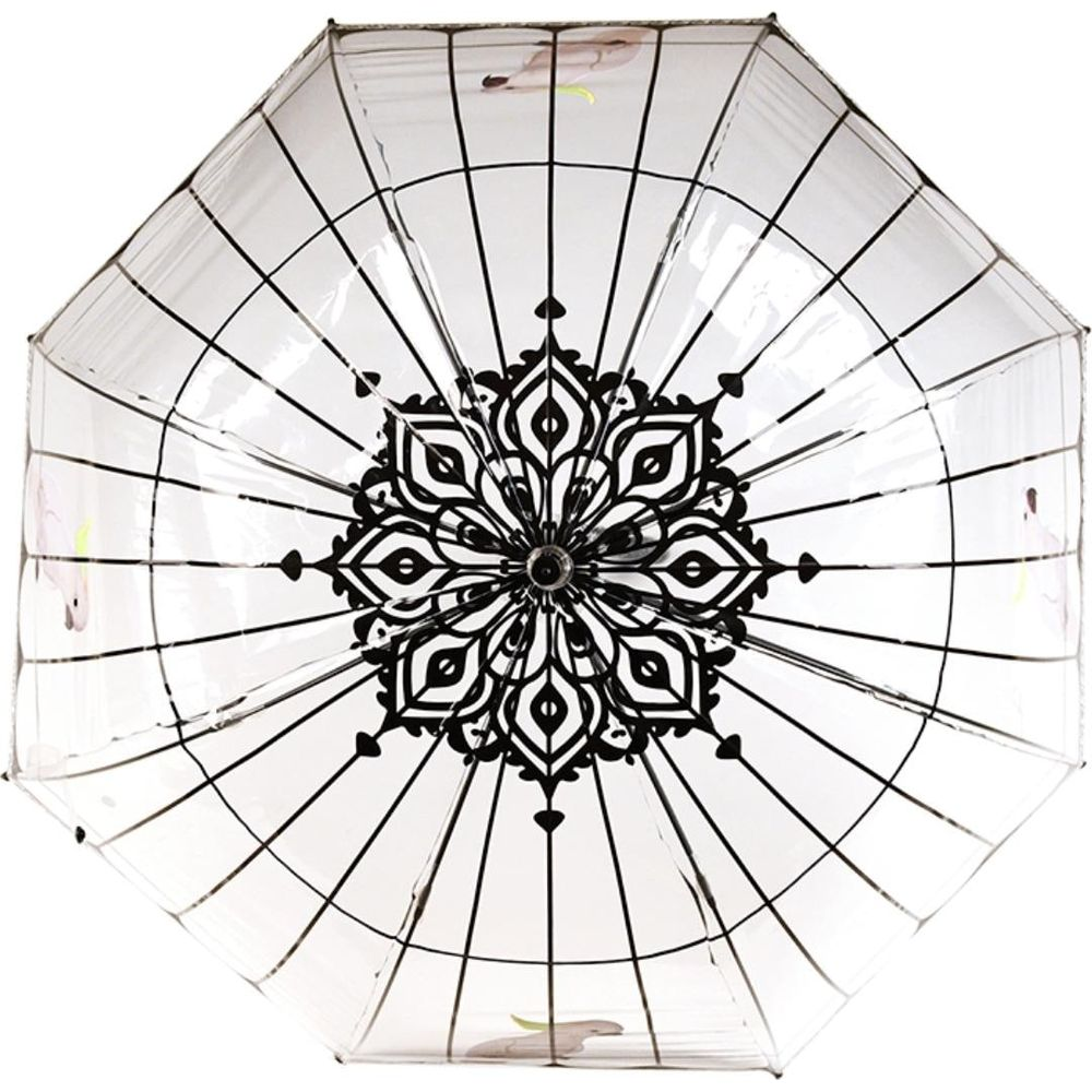 Ein transparenter Regenschirm mit einem schwarzen Mandala-Muster und stilisierten Blüten.
