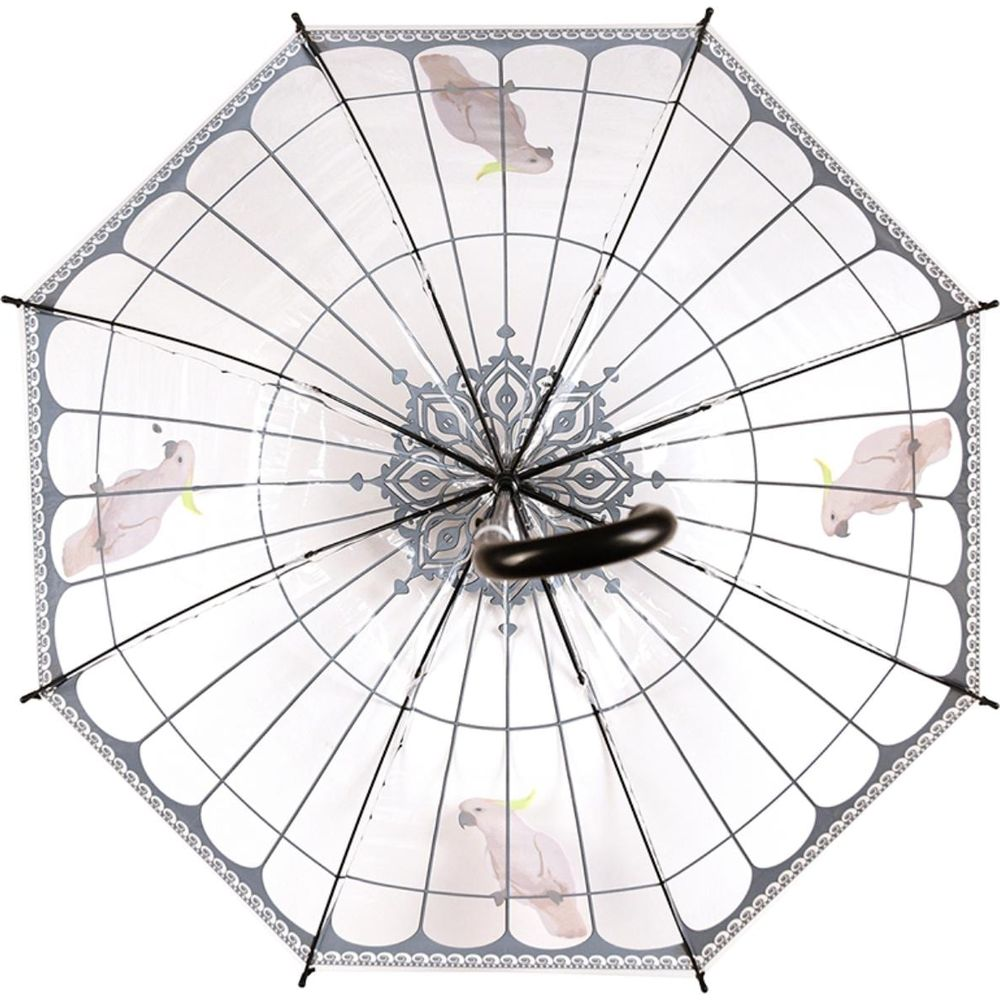 Ein geöffneter weißer Regenschirm mit Papageien-Motiv und einem schwarzen Griff.