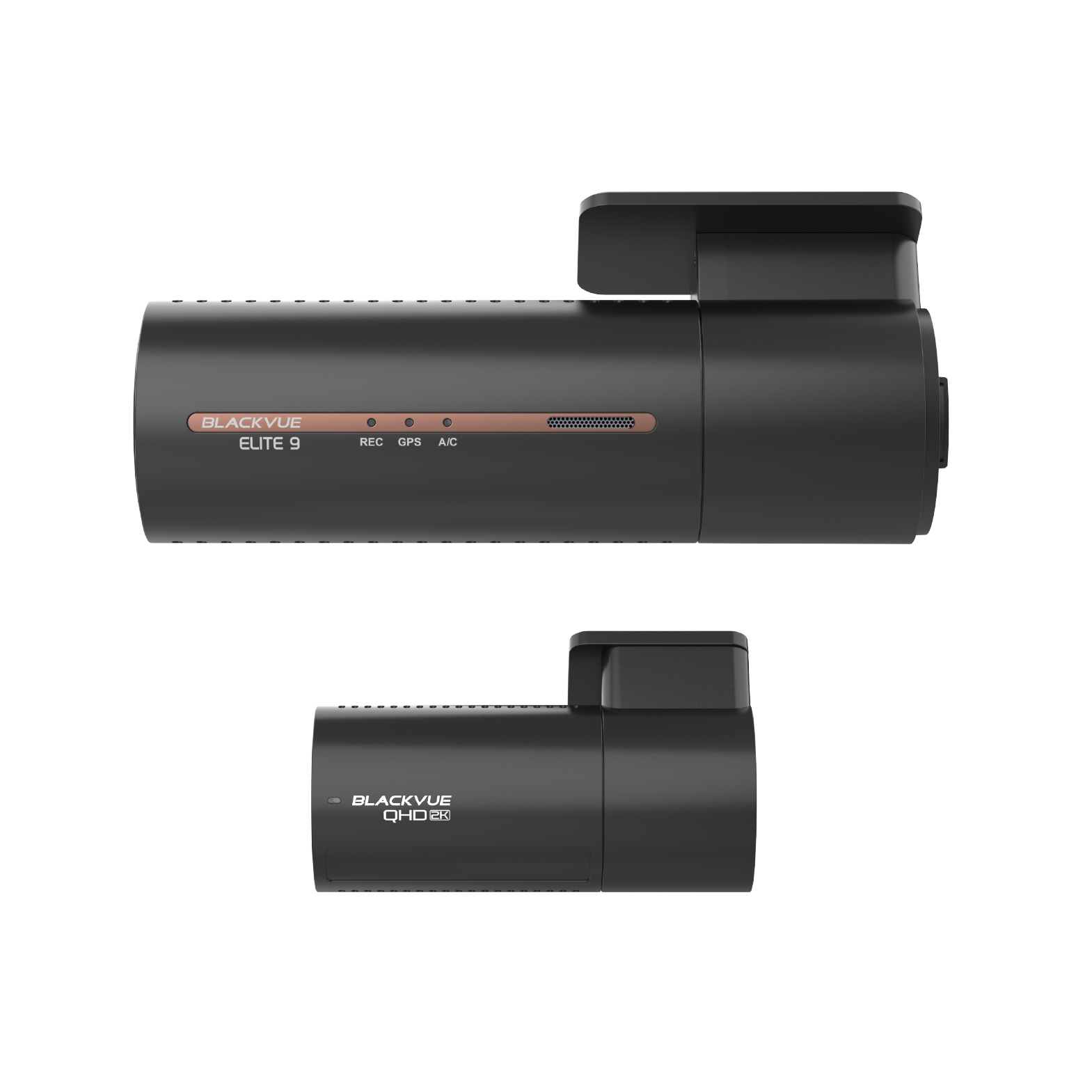Two black dashcams, top one labeled "ELITE 9", bottom one labeled "QHD 2K".