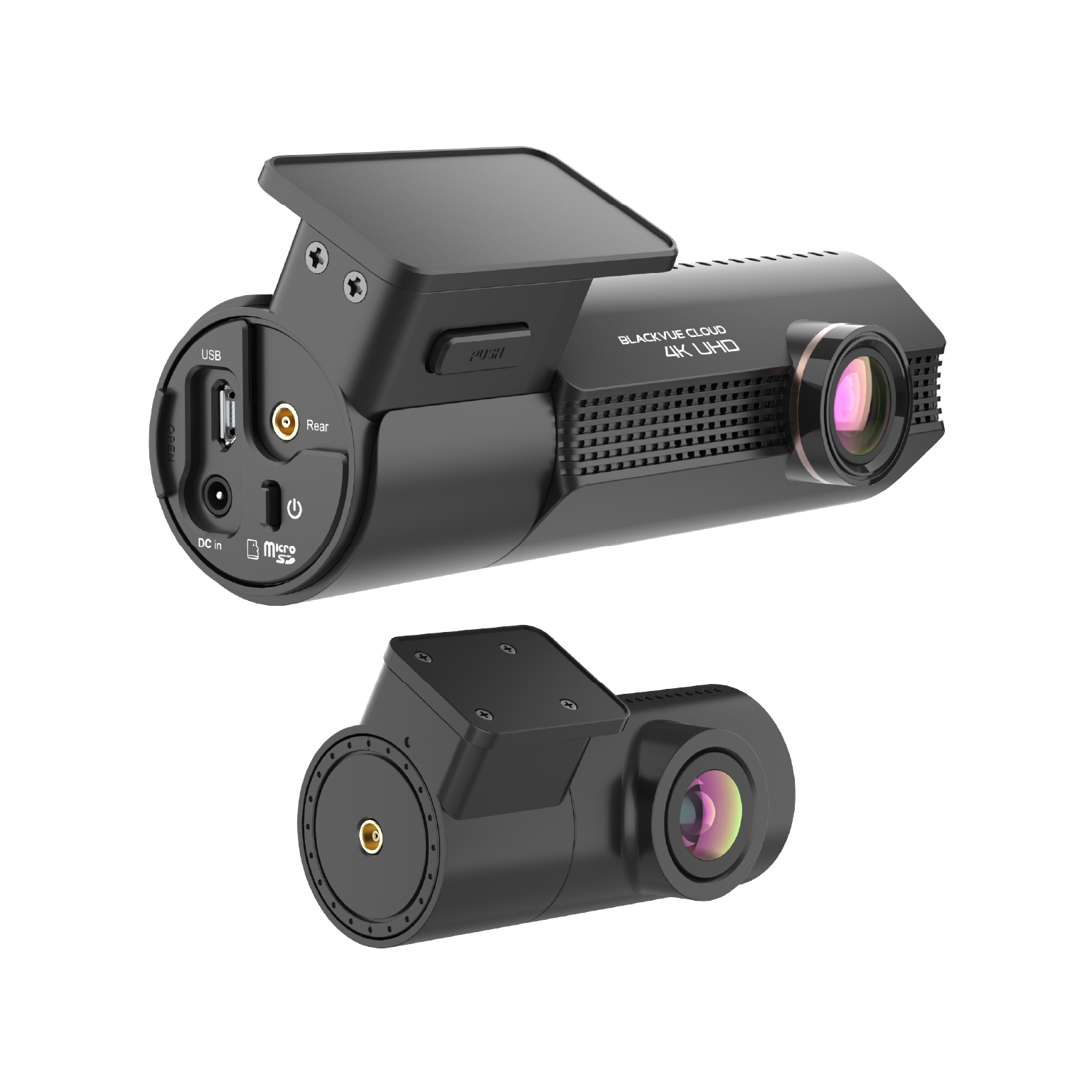 Two black dashcams shown: one with ports, one with lens. White background.