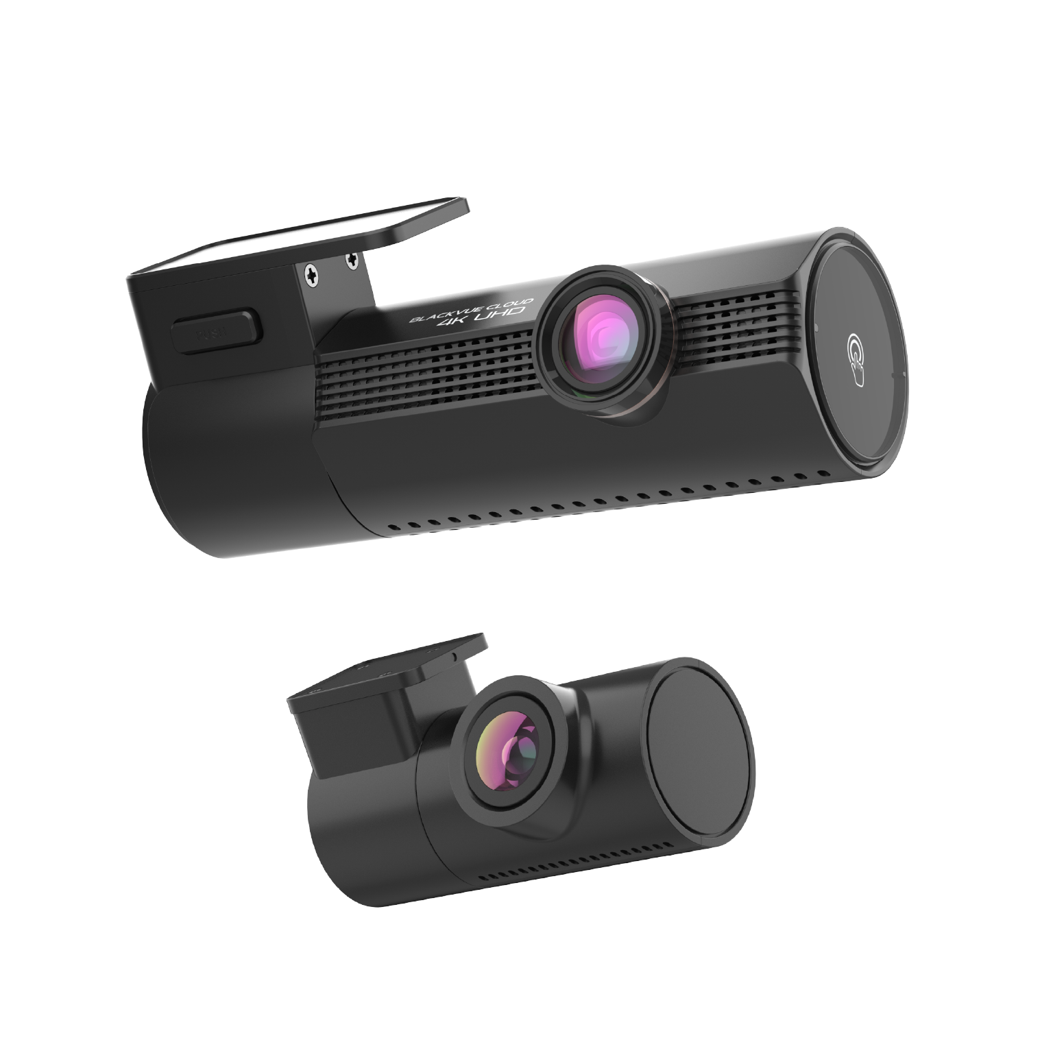 Two black dash cams, one larger than the other, showing lenses and vents.