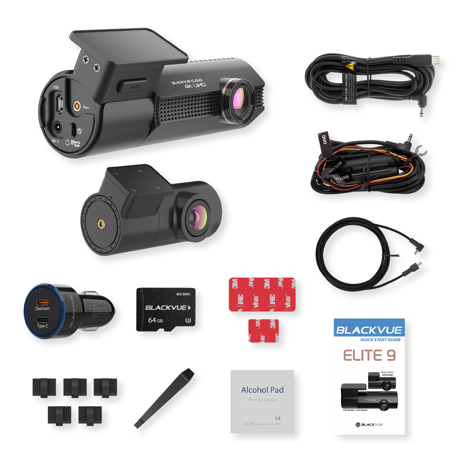 A BlackVue dashcam kit featuring cameras, cables, SD card, charger, and manual.