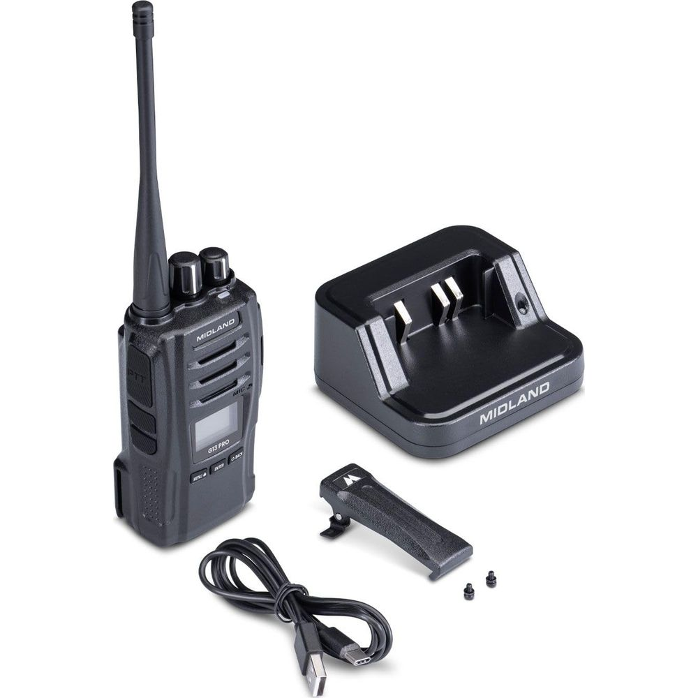 Walkie-talkie nero con base di ricarica, cavo, clip da cintura e due viti.