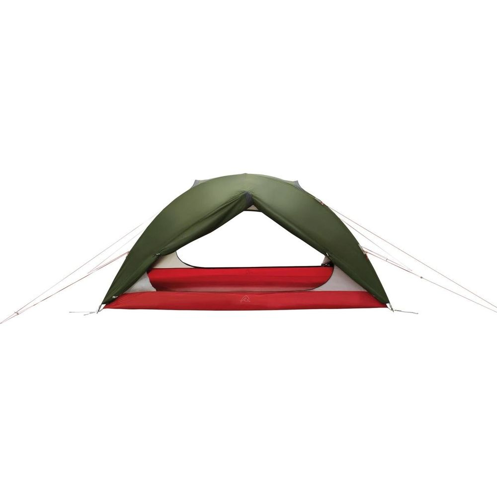 Tenda verde con materassini rossi, su sfondo bianco.