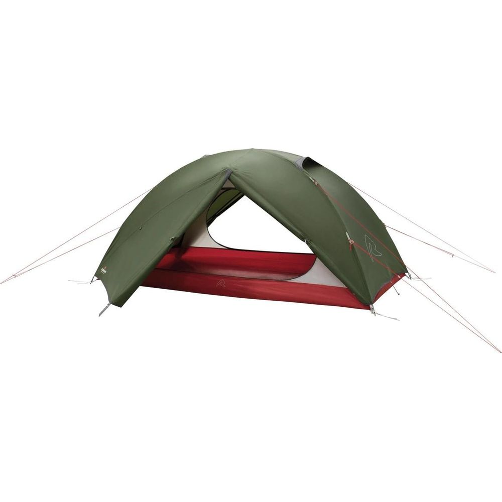 Una tenda verde per due persone con base rossa, su sfondo bianco.