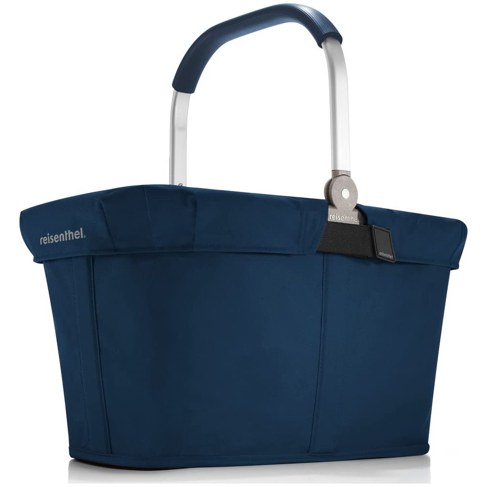 Eine dunkelblaue Einkaufstasche mit silbernem Griff und dem Logo 'reisenthel'.