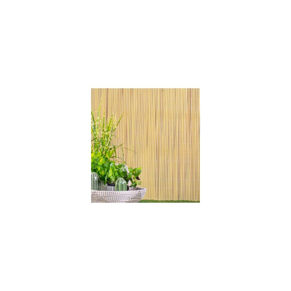 Pflanzen in einem Korb vor einem Bambuszaun mit Gras.