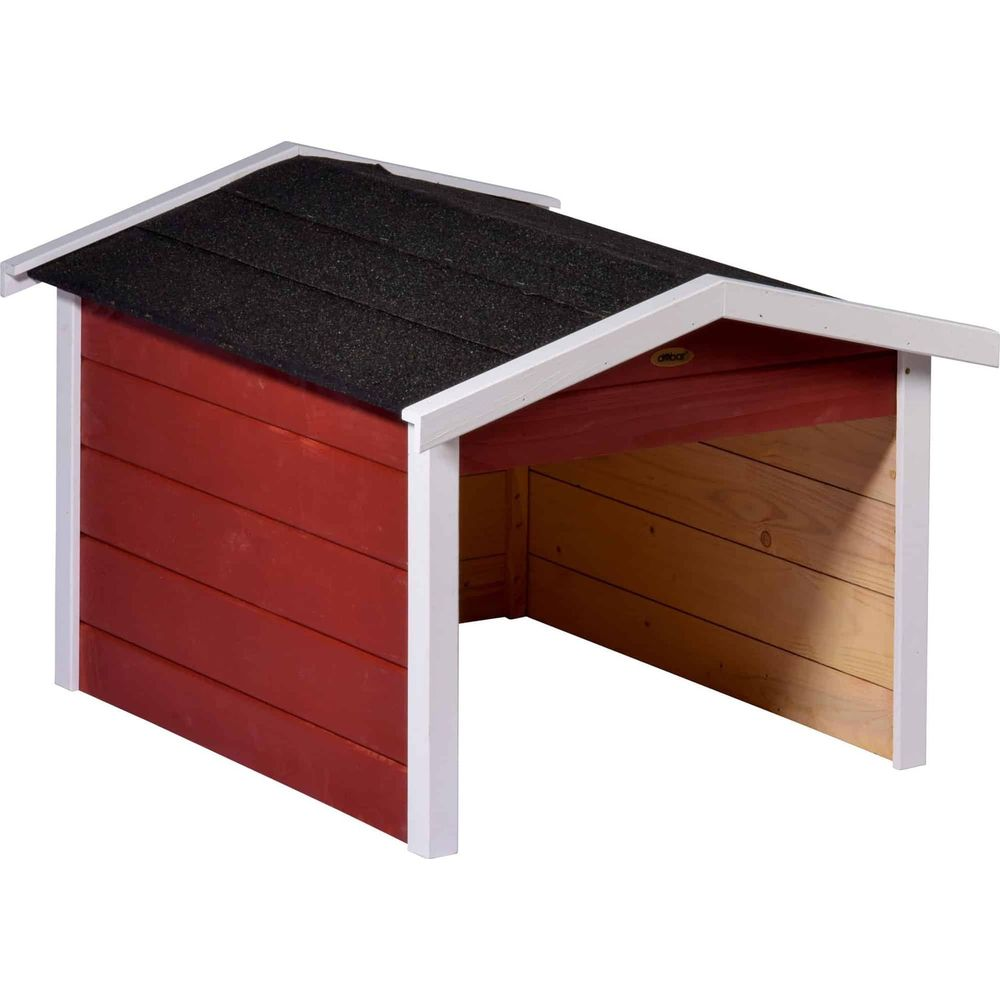 Roter Holzunterstand mit schwarzem Asphalt Dach und weißem Besatz. Auf einer Seite offen.