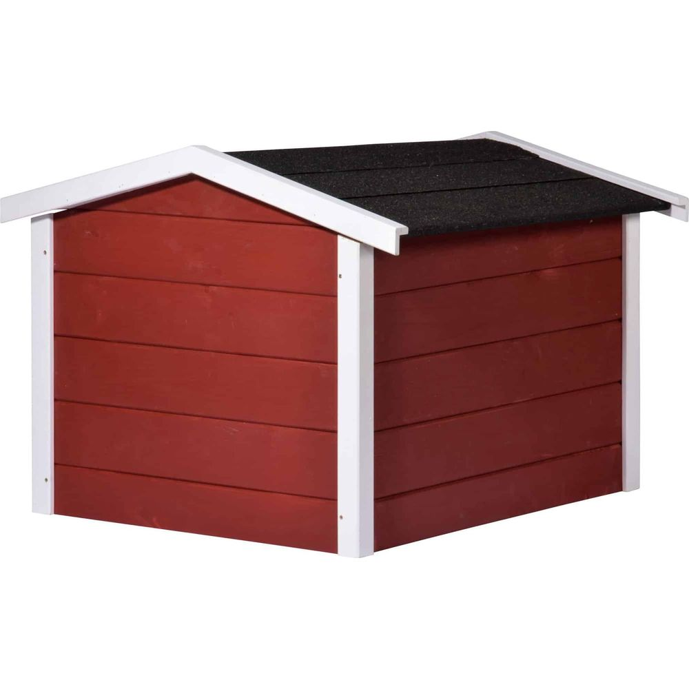 Ein rotes Holz-Hundhaus mit schwarzem Schindeldach und weißem Besatz.
