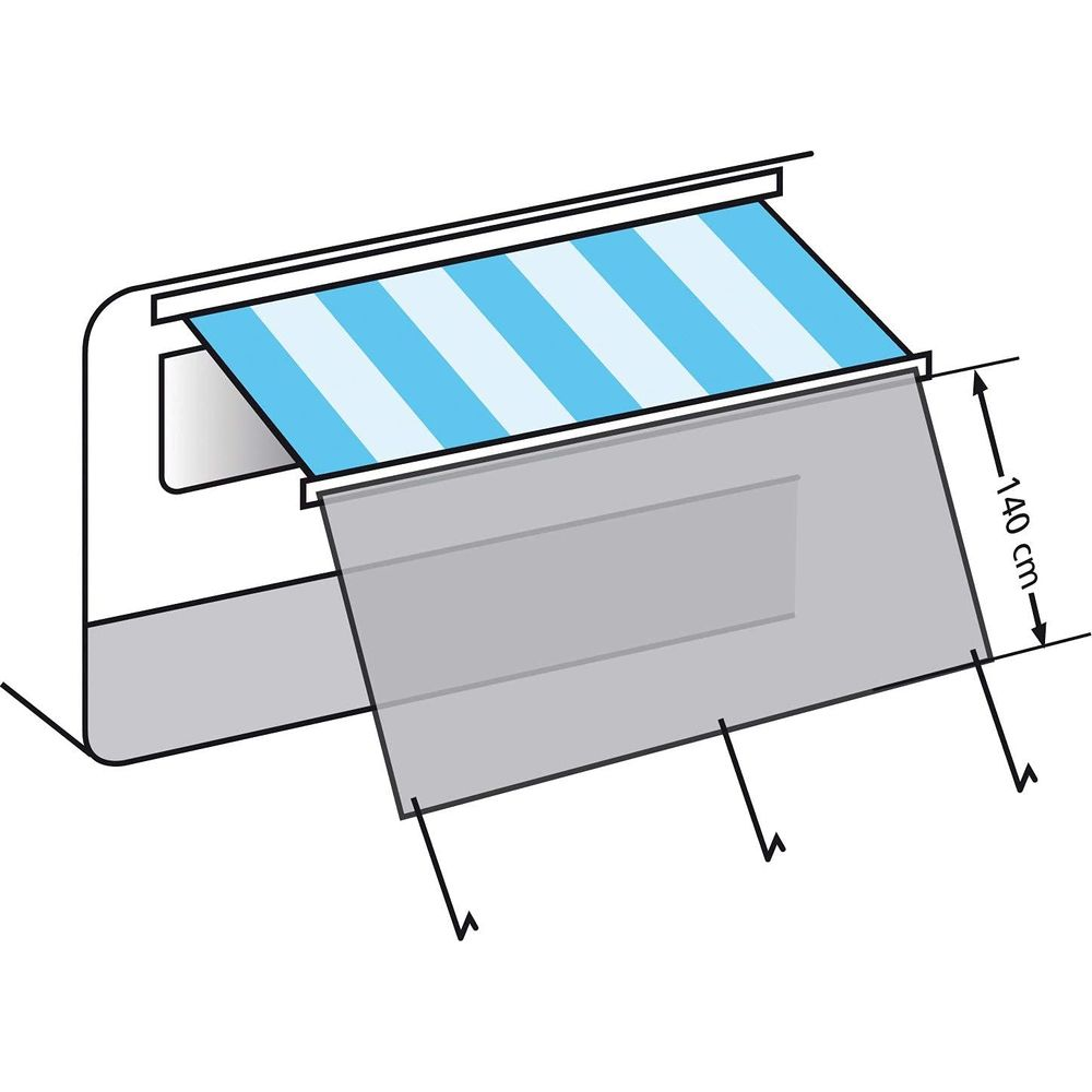 Markise mit blau-weißen Streifen und grauer Verkleidung, 140 cm.