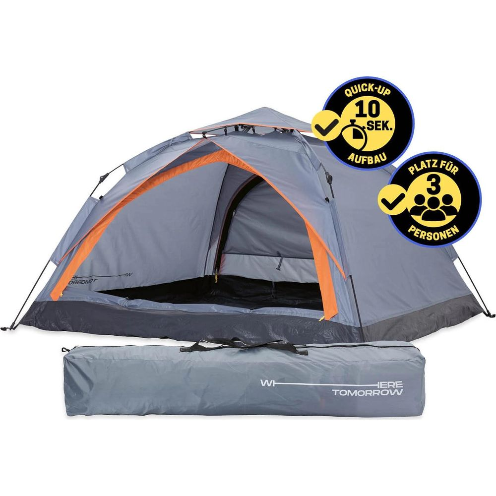 Una tenda pop-up grigia con ingresso arancione e borsa piegata.
