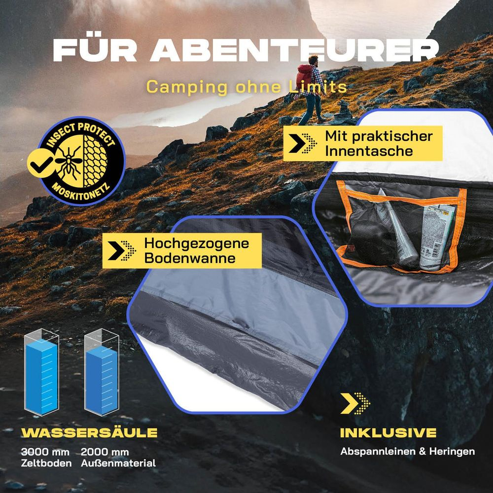 Una tenda con protezione insetti, pavimento rialzato, tasca interna, colonna d'acqua e picchetti.