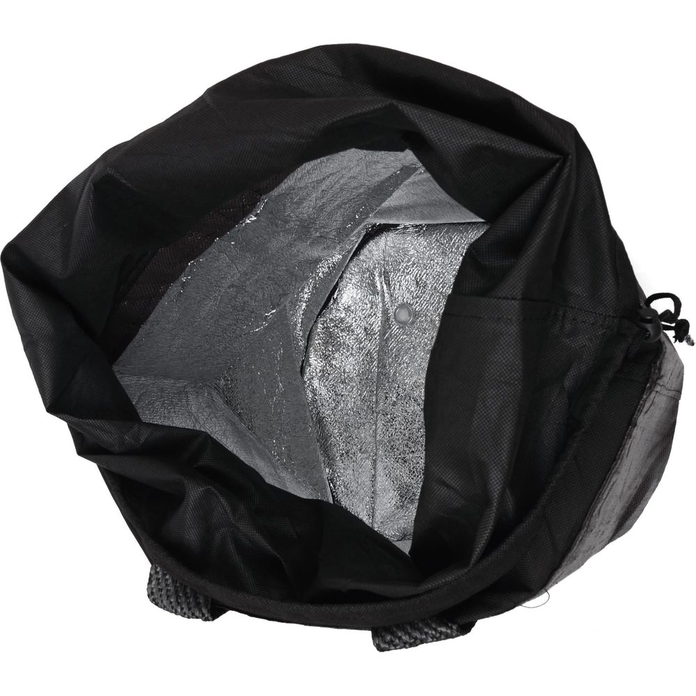 Offene schwarze Isoliertasche mit silbernem Innenraum, Kordelzug und Griffen.