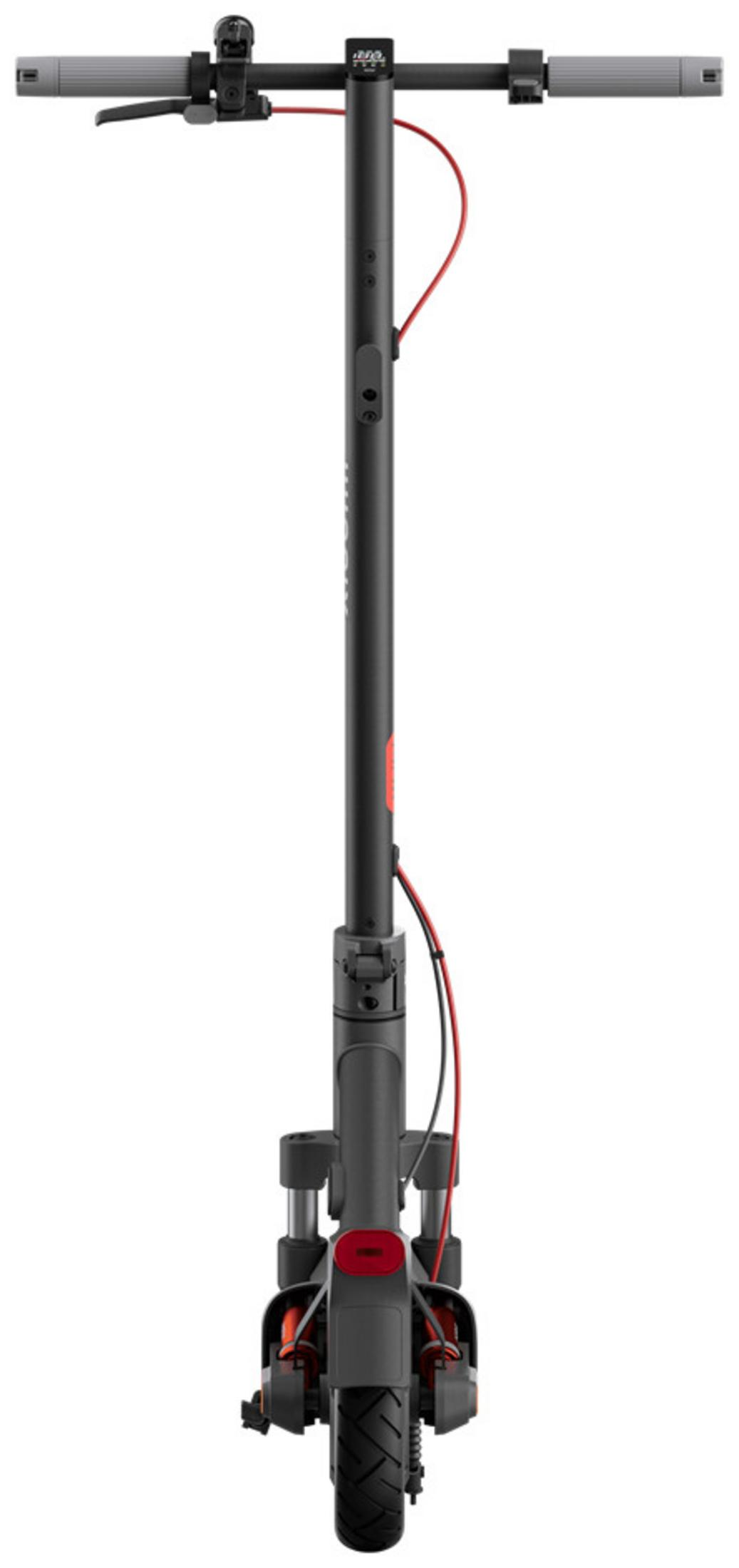 Monopattino elettrico nero con manubrio grigio, cavo freno rosso e fanale posteriore rosso.