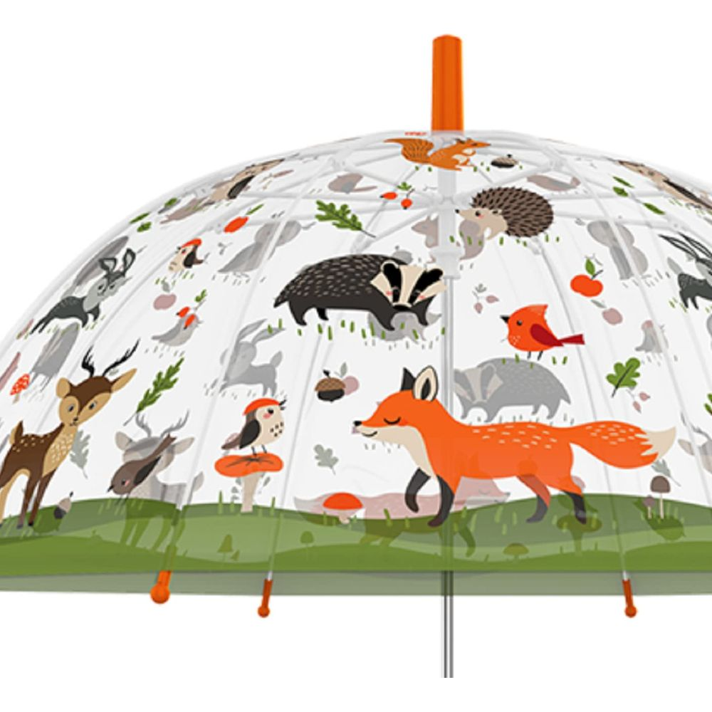 Ein transparenter Regenschirm mit Waldtiermotiven: Fuchs, Dachs, Reh, Igel und Vögel.