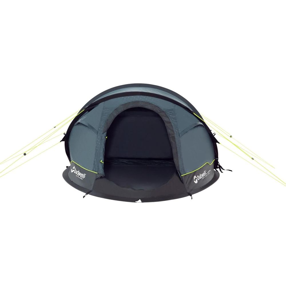 Una tenda pop-up grigia con tiranti gialli su sfondo bianco.