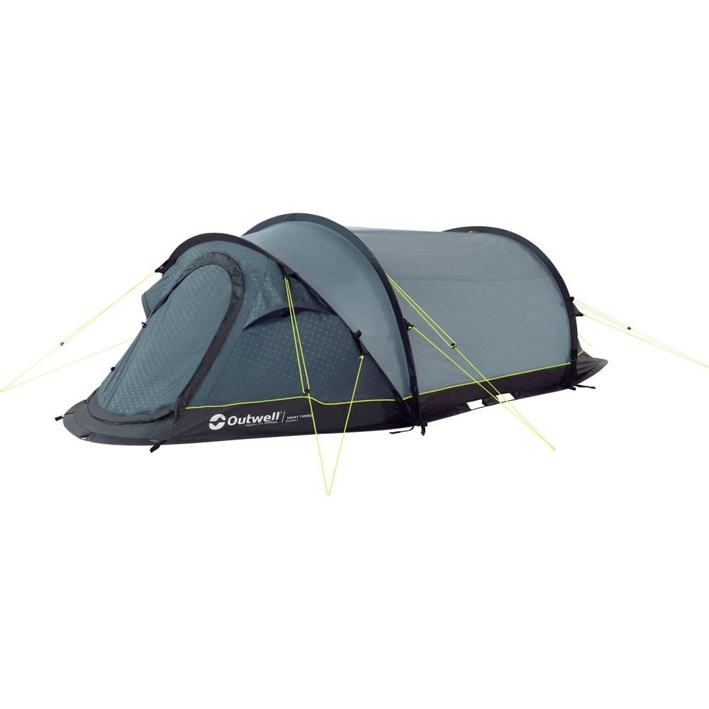 Una tenda Outwell grigia con picchetti gialli, su sfondo bianco.