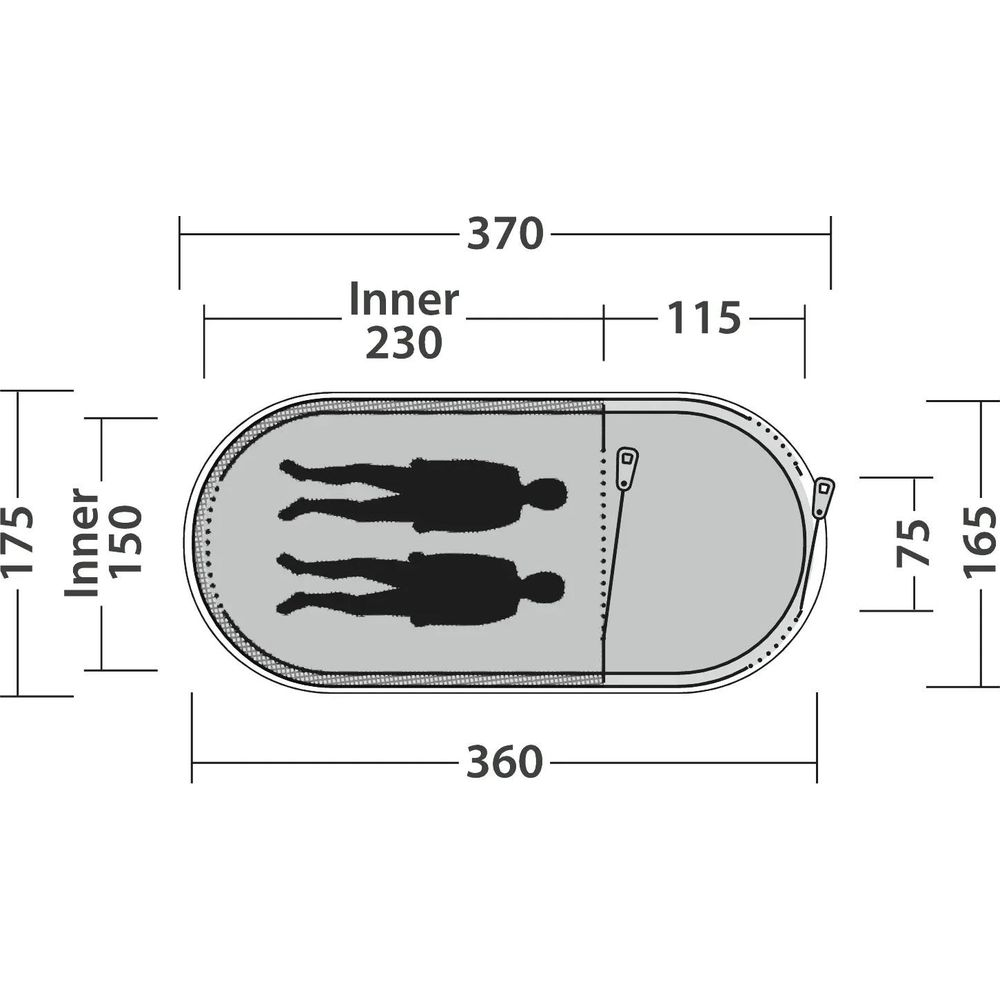 Diagramma che mostra le dimensioni della tenda con due figure.