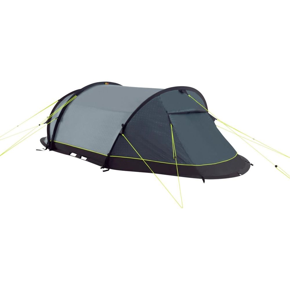 Tenda grigia con picchetti gialli, su sfondo bianco.