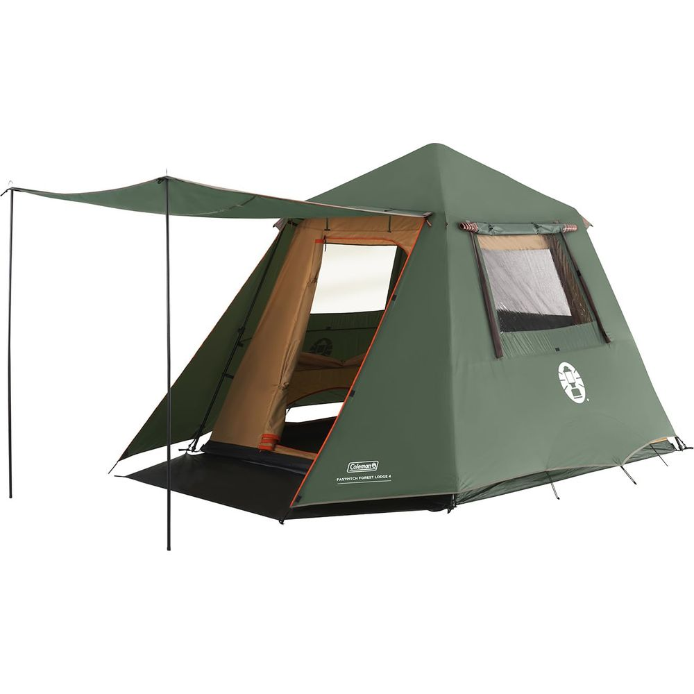 Una tenda verde con baldacchino e finestre, su sfondo bianco.