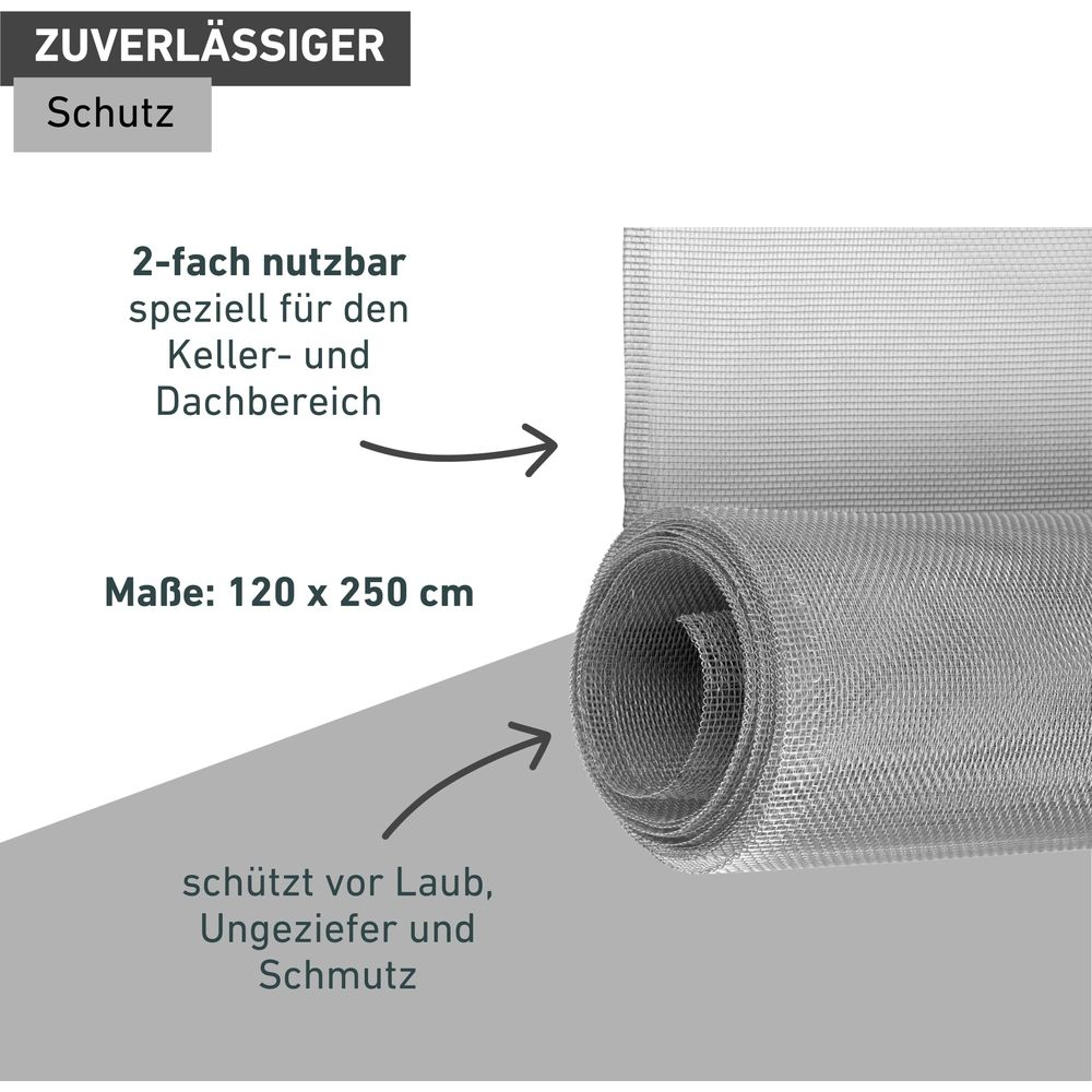 Graues Insektenschutzgitter aufgerollt, mit Text über Nutzen und Größe.