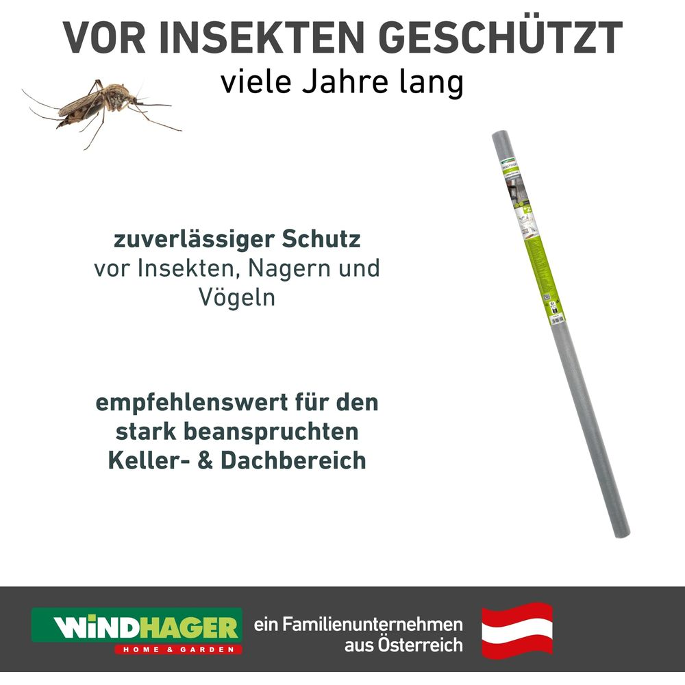 Mücke vor einem Fliegengitter und Text über Insektenschutz.