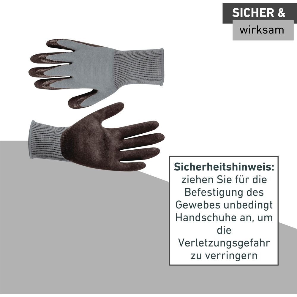 Zwei Arbeitshandschuhe, einer grau mit brauner Handfläche, einer braun mit grauer Stulpe.