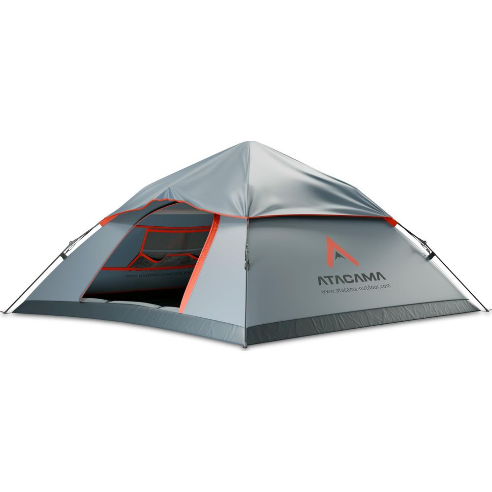 Una tenda grigia con accenti arancioni e il logo Atacama.