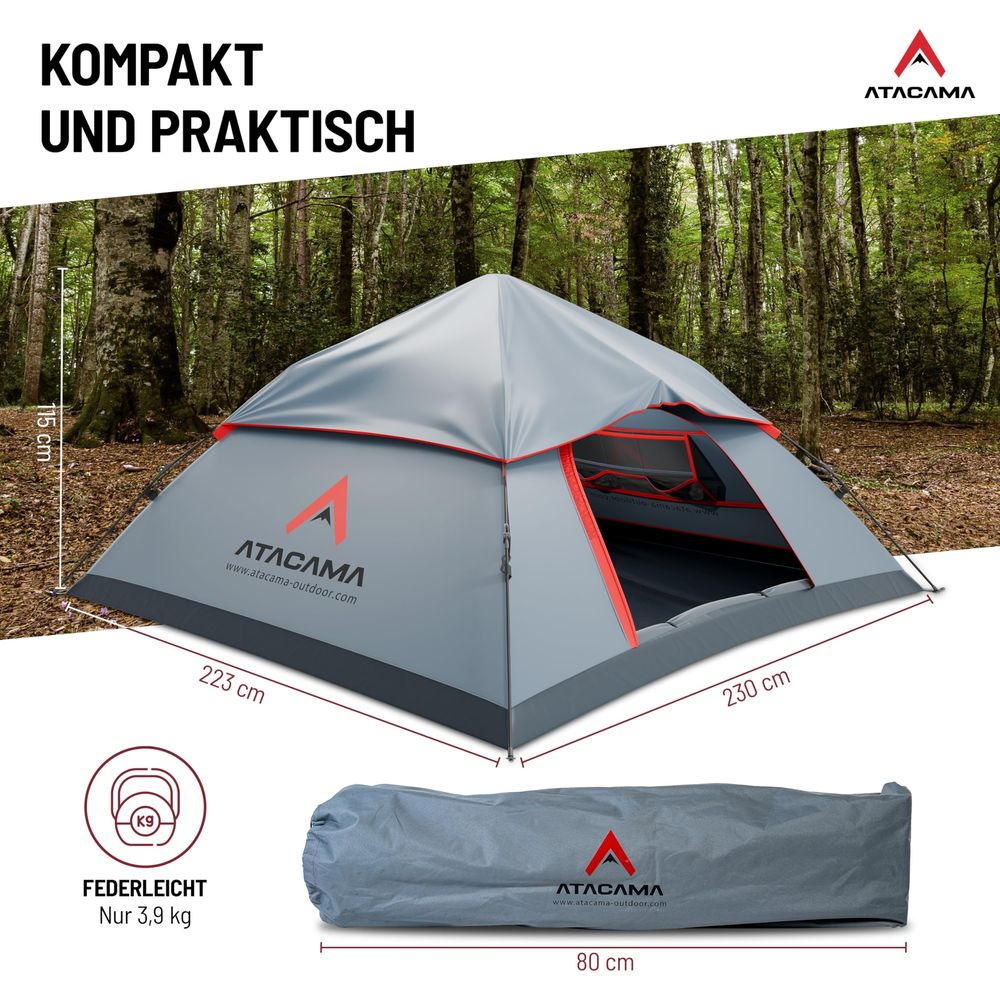 Tenda grigia nel bosco, 223x230x115 cm, 3.9 kg. Borsa inclusa.
