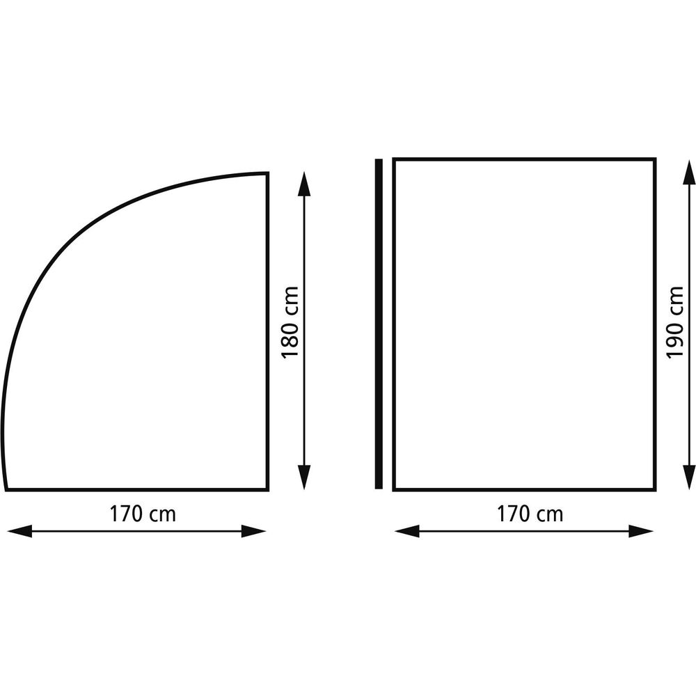 Due disegni schematici di oggetti con dimensioni. Sinistra: oggetto curvo, alto 180cm, largo 170cm. Destra: rettangolo, alto 190cm, largo 170cm.