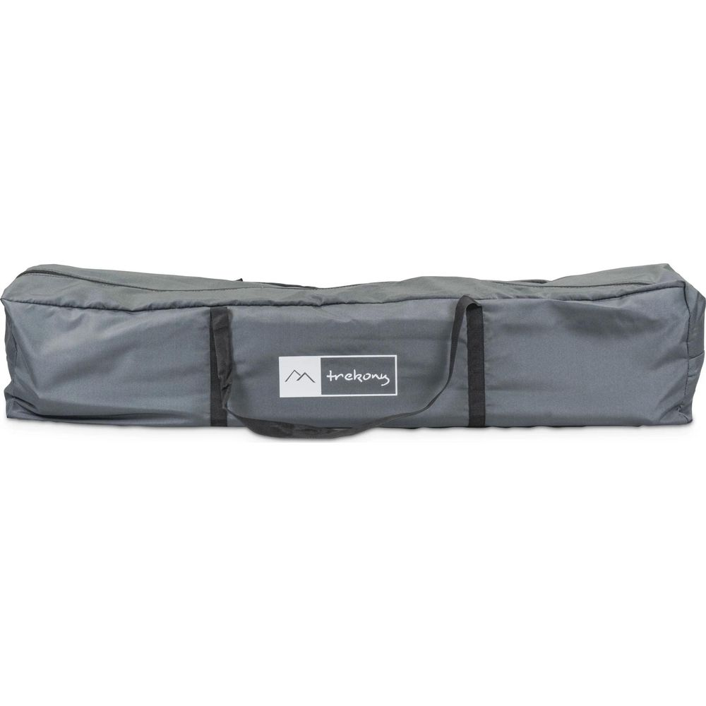 Borsa in tessuto grigio con cerniera e manici neri, logo visibile.