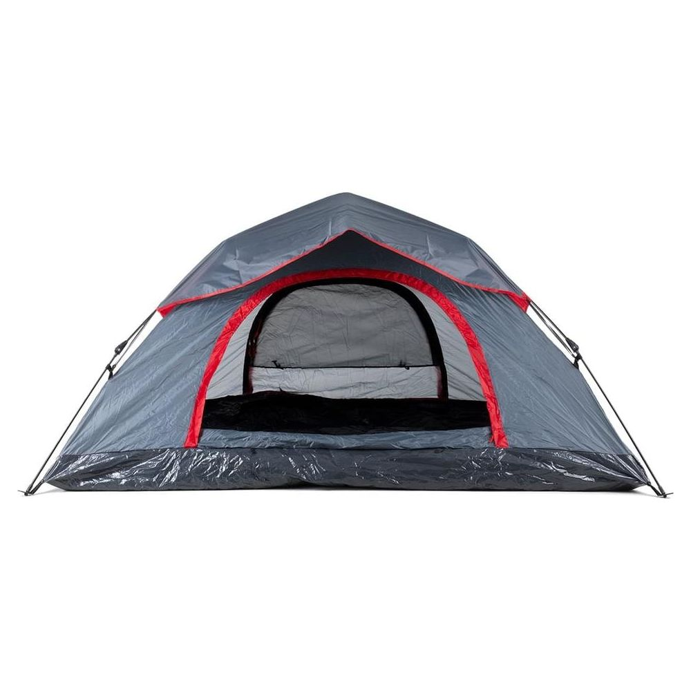 Tenda grigia con bordo rosso e ingresso aperto. Pavimento nero visibile.