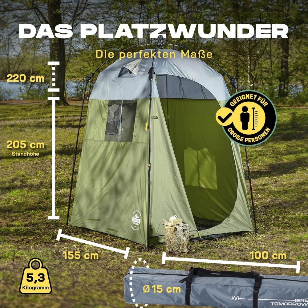 Tenda verde con dimensioni: 220cm A, 205cm altezza, 155cm larghezza, 100cm profondità. 5,3kg.