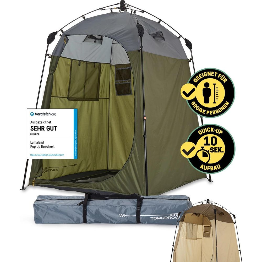 Tenda doccia pop-up verde e grigia con etichette per montaggio rapido e persone alte.