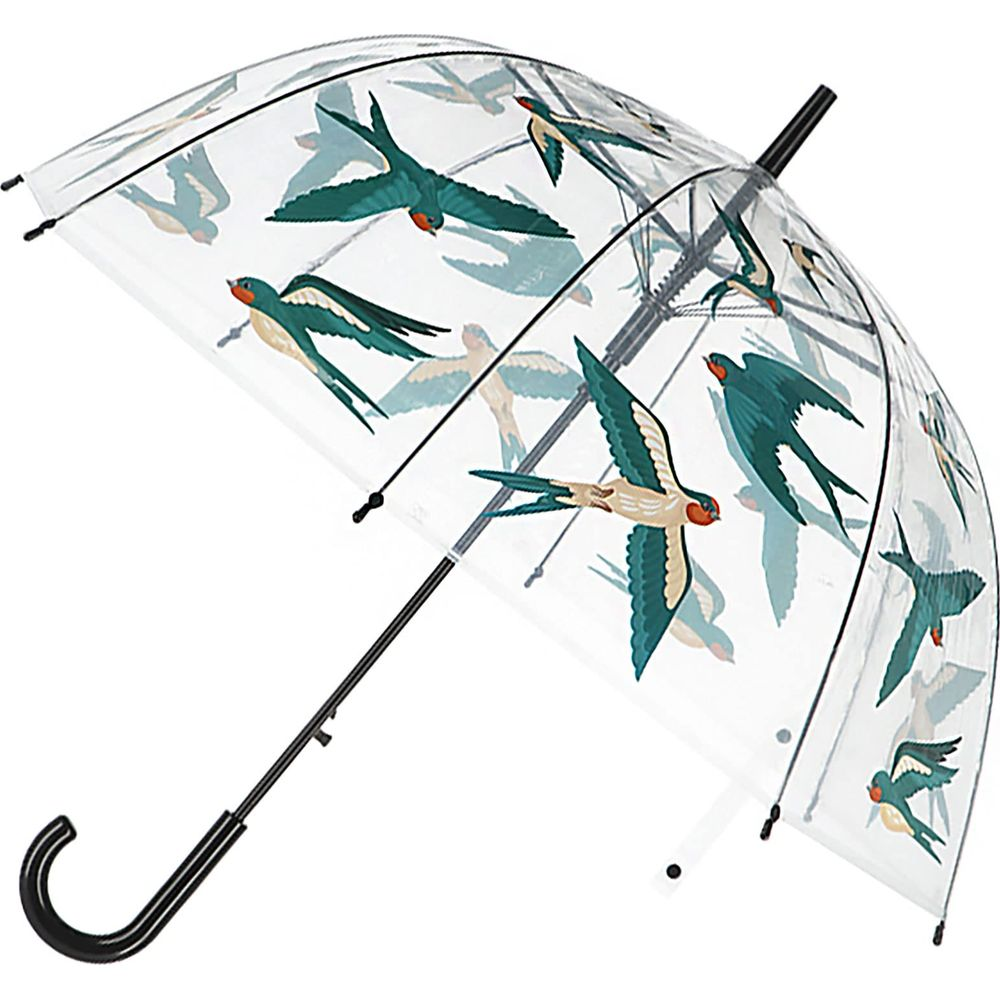 Ein transparenter Regenschirm mit einem Muster aus stilisierten Schwalben.