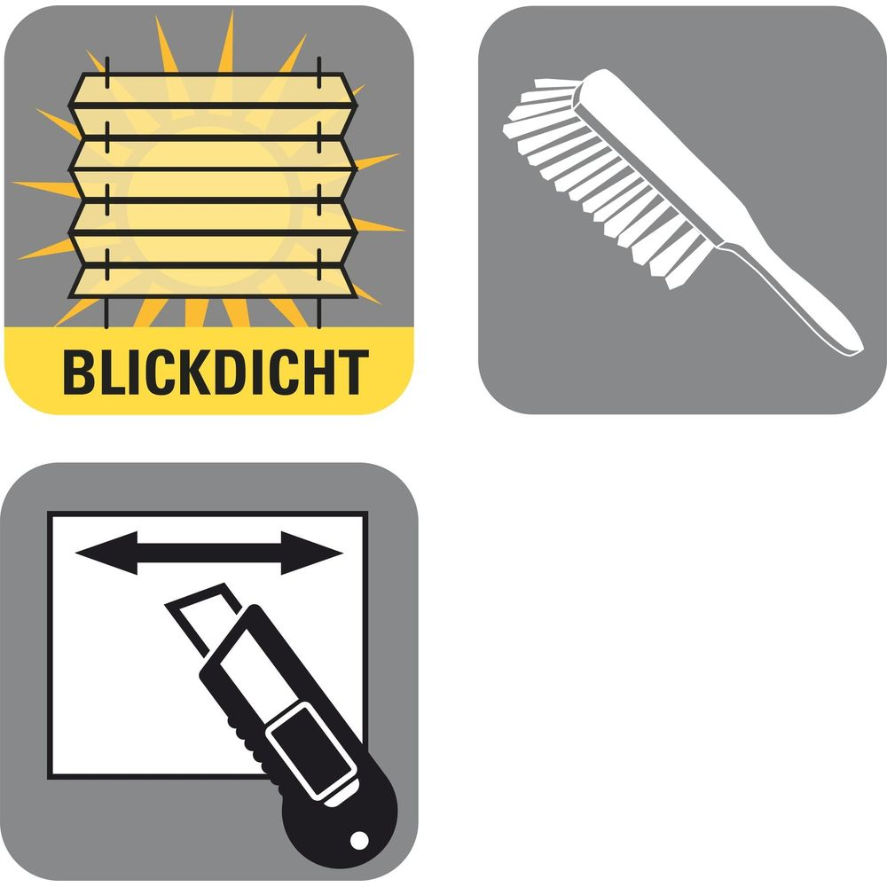 Drei Icons: Blickdicht, Bürste, Cuttermesser mit Pfeilen.